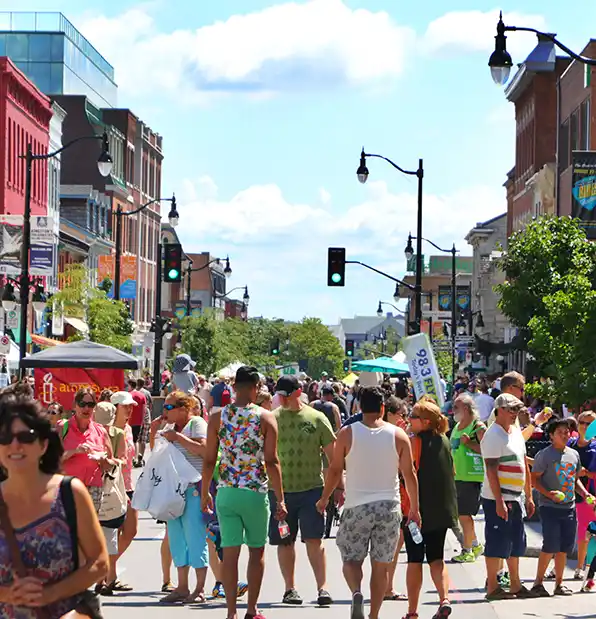 Princess Street in Downtown Kingston, bustling with activity because of the Princess Street Promenade.